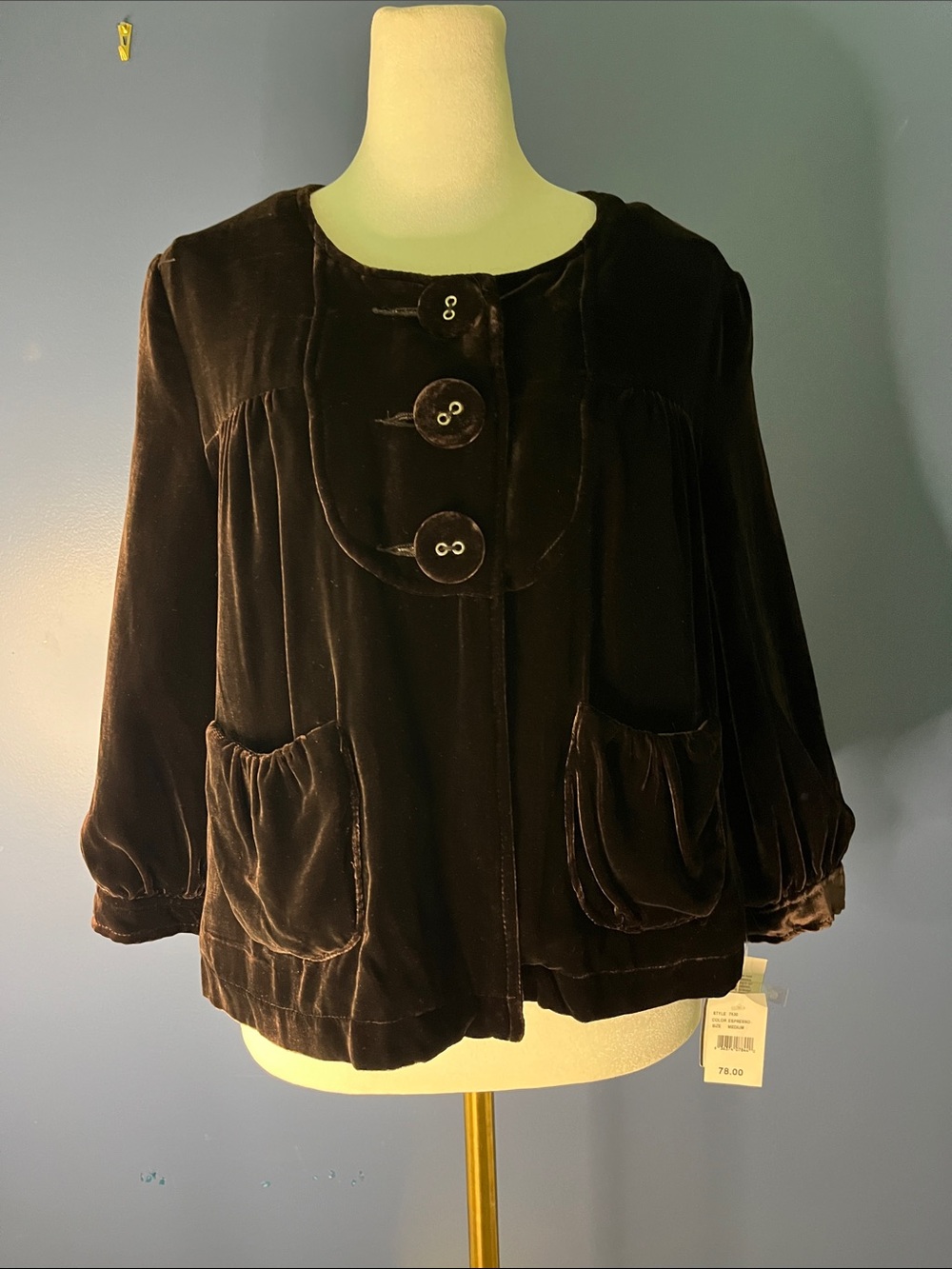 Ambition brand:  Espresso brown silk blend Velvet Button front Jacket w pockets